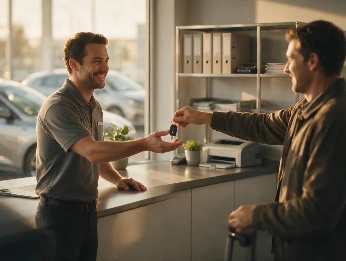 A member of the rental team handing car keys to a customer at the counter